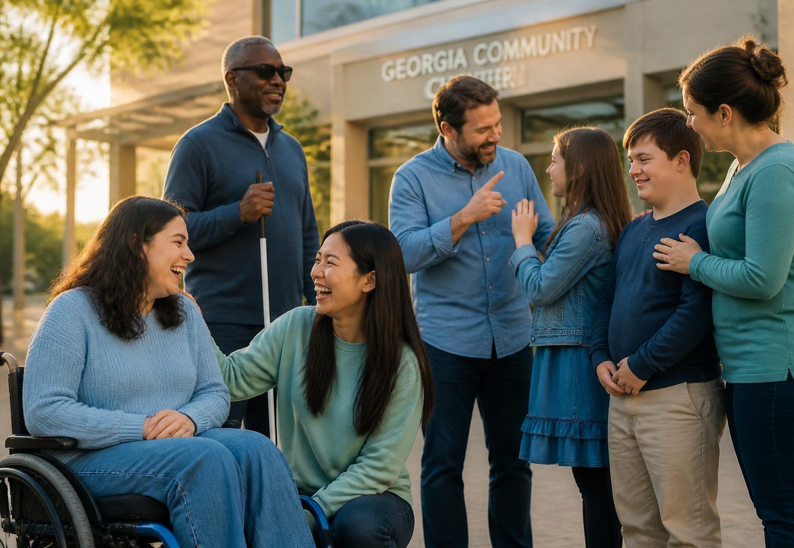 A diverse group of Georgians with and without disabilities talking and laughing together outside a community center